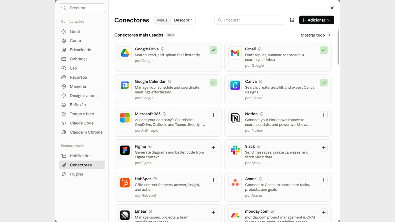 Tela de Conectores do Claude com a lista de serviços disponíveis