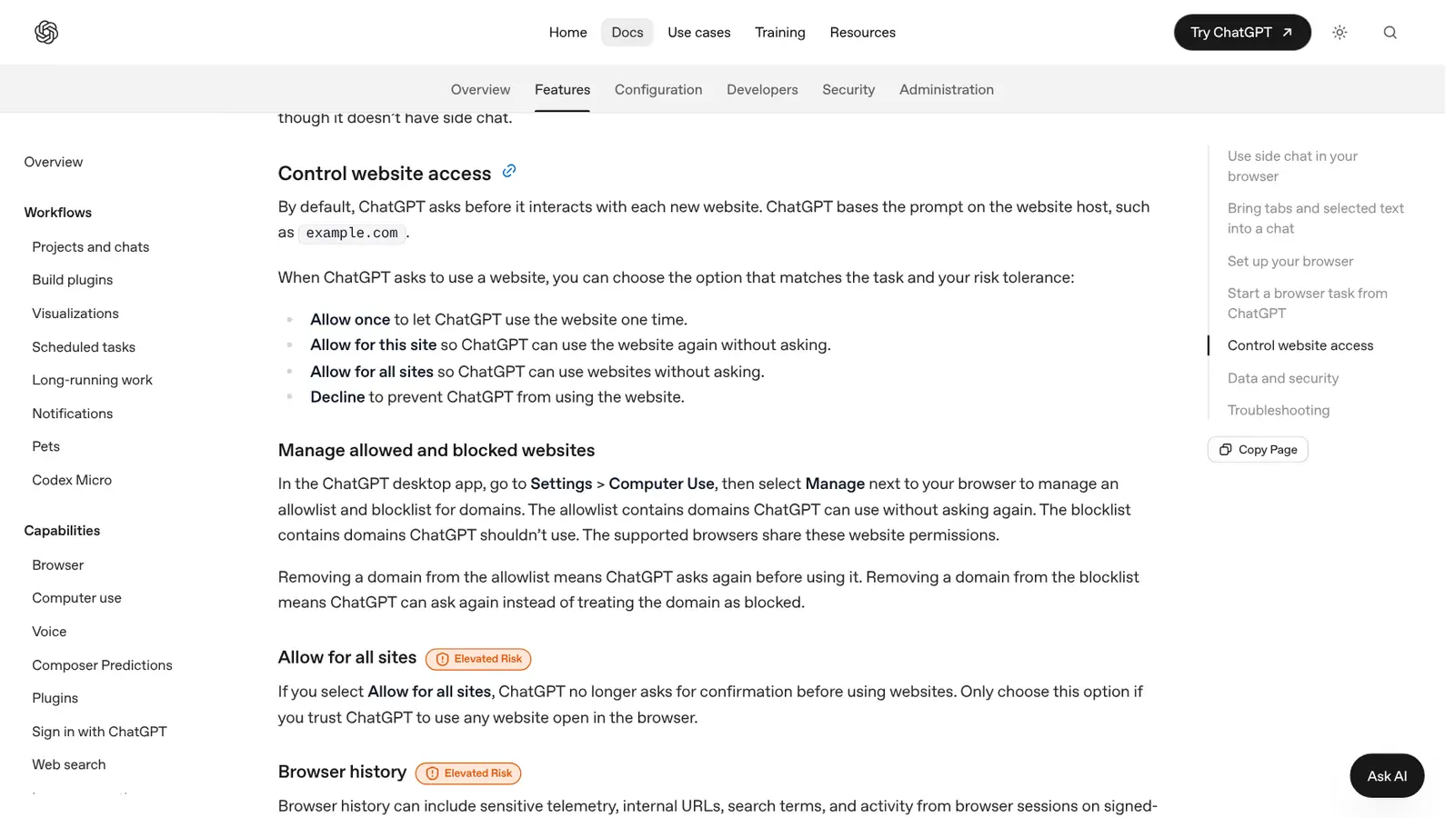 Seção da documentação da OpenAI sobre controle de acesso a sites, com as opções permitir uma vez, permitir para este site e permitir para todos
