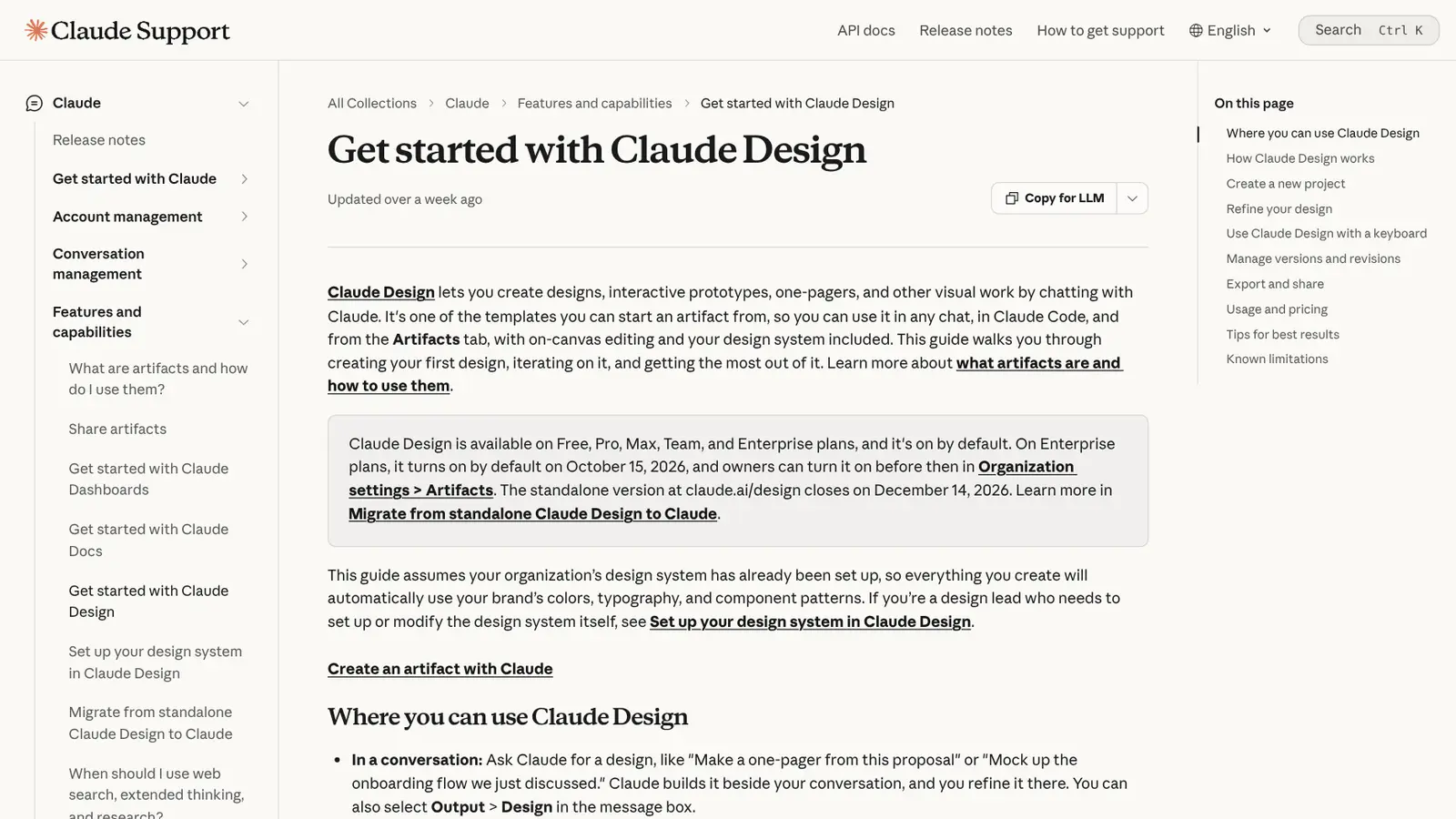 Página de ajuda do Claude com o guia Get started with Claude Design