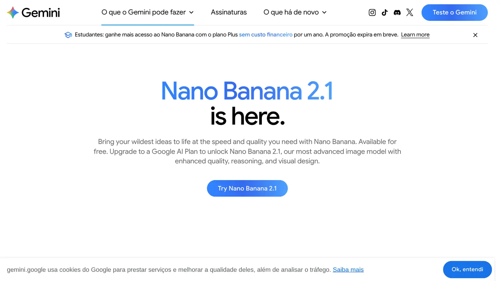 Página oficial do Gemini sobre o Nano Banana 2.1, com o aviso de que o Nano Banana está disponível de graça