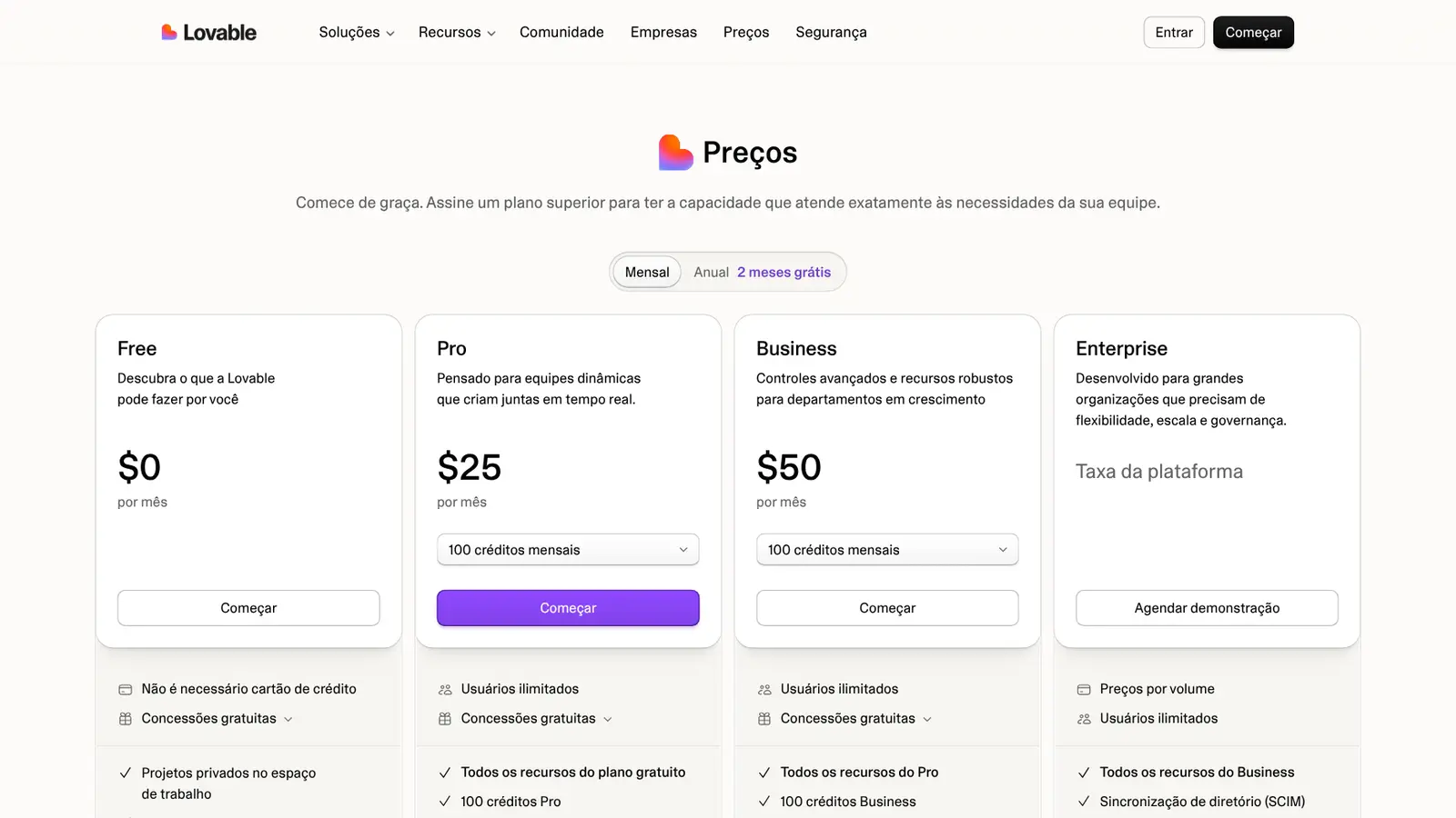 Página de preços do Lovable com os planos Free, Pro, Business e Enterprise