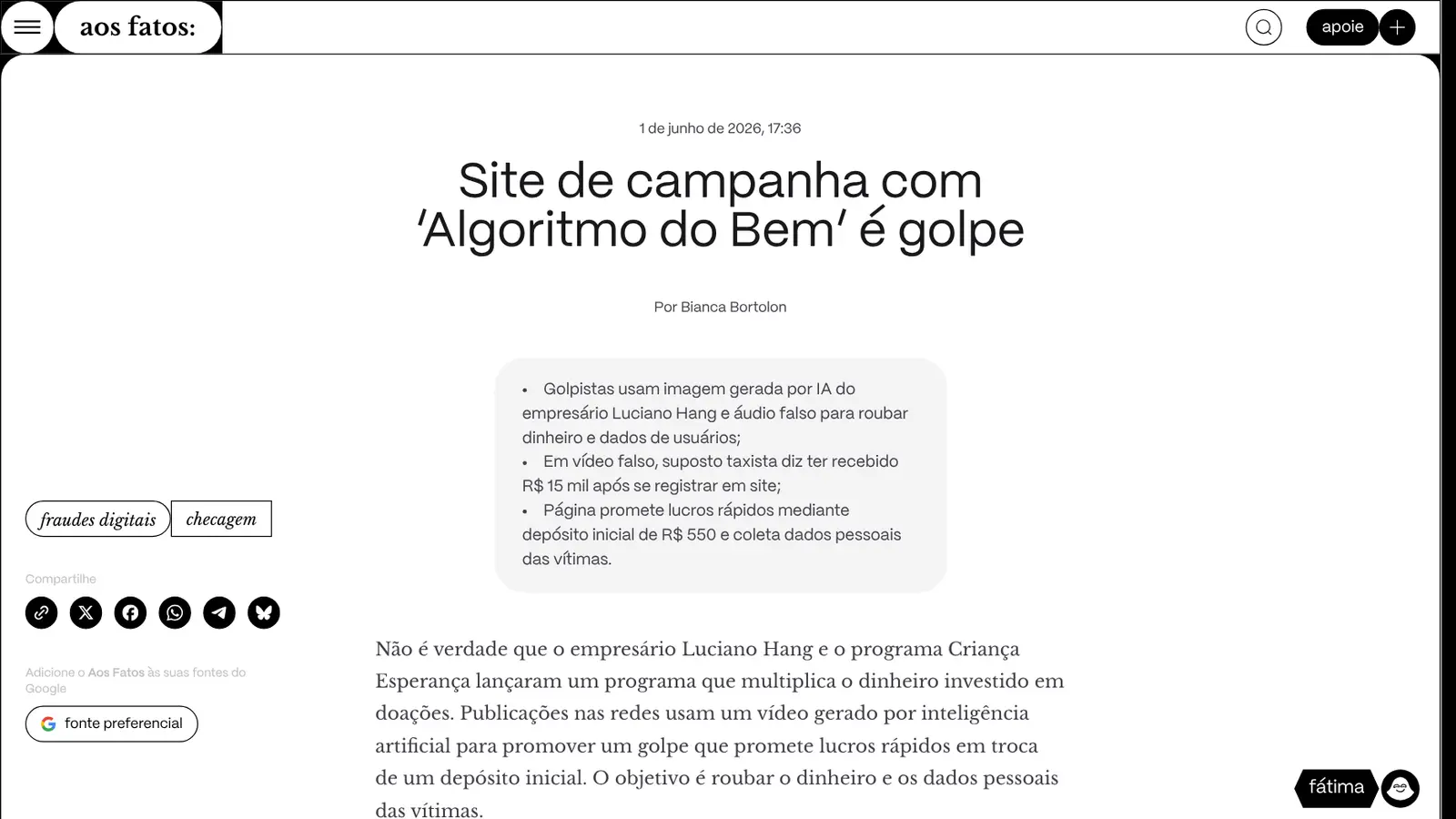 Checagem do Aos Fatos sobre golpe que promete lucro rápido com vídeo gerado por IA