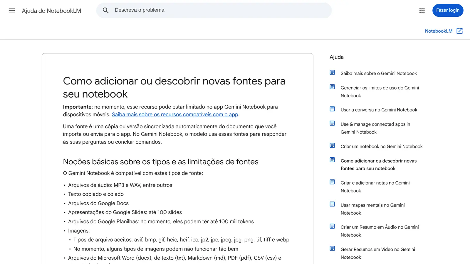 Página de ajuda do Gemini Notebook com a lista de tipos de fonte aceitos, incluindo PDF