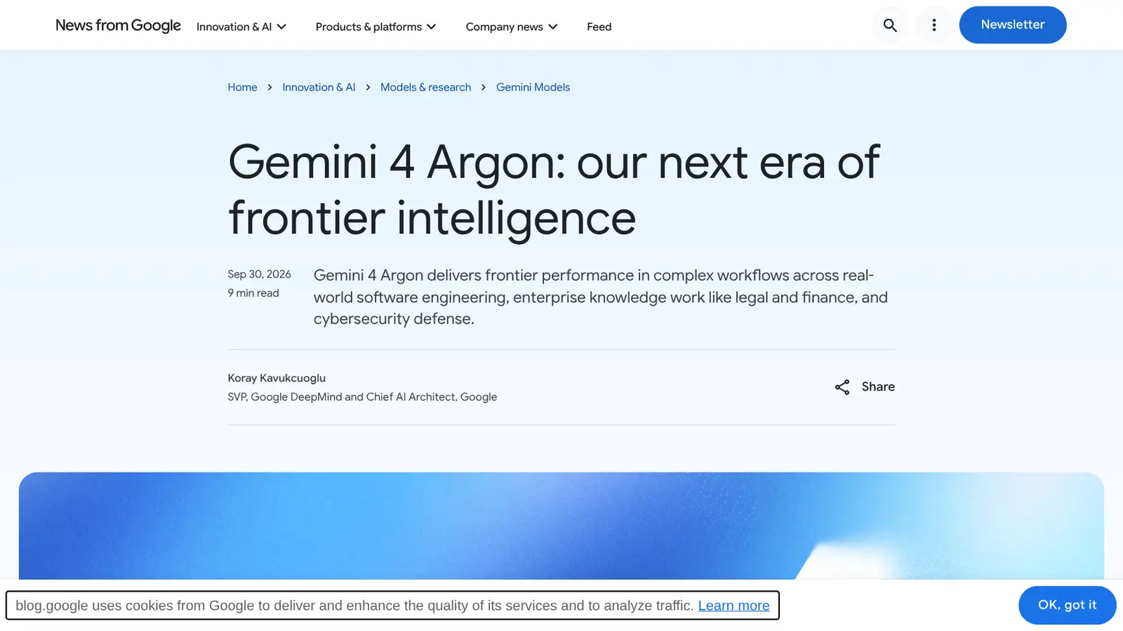 Página do anúncio do Gemini 4 Argon no blog do Google, com o título "our next era of frontier intelligence"