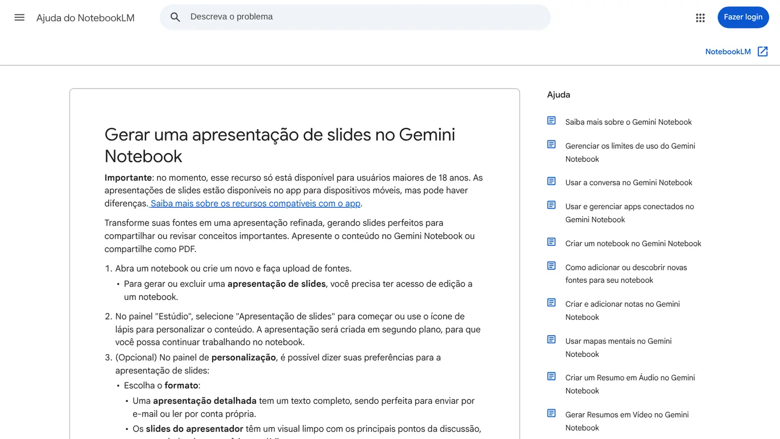 Central de Ajuda do Gemini Notebook em português, na página "Gerar uma apresentação de slides no Gemini Notebook"