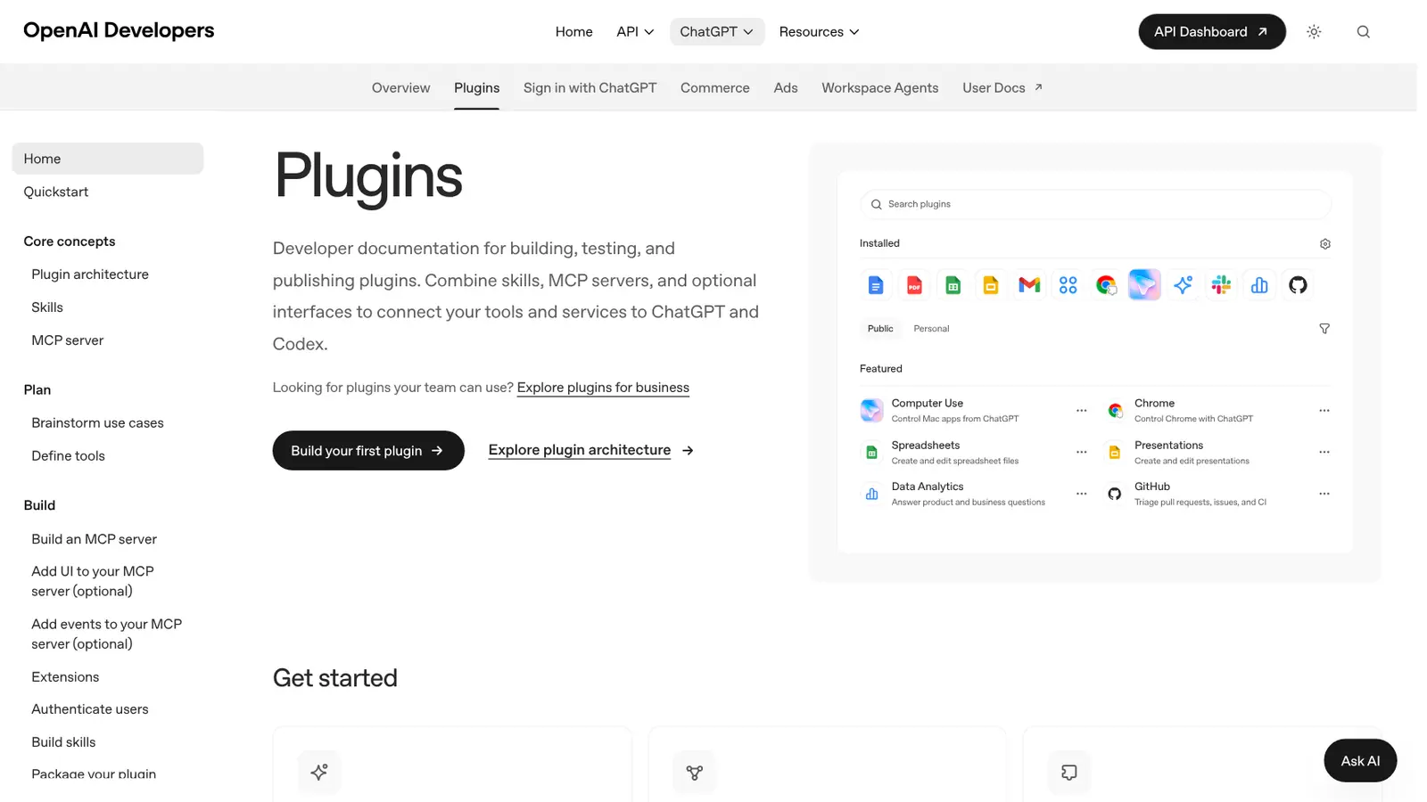 Página de documentação de plugins do ChatGPT, com a lista de plugins instalados e em destaque