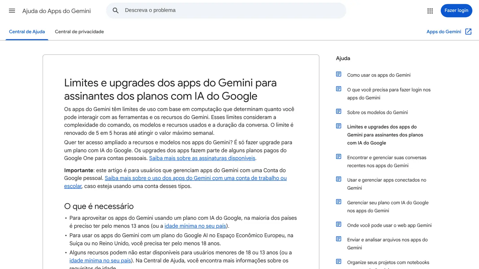 Central de ajuda do Gemini com o artigo sobre limites e upgrades para assinantes dos planos com IA do Google