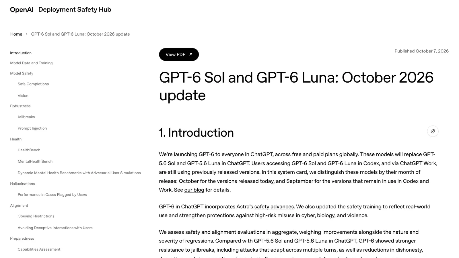 Página do Deployment Safety Hub da OpenAI com o título GPT-6 Sol e GPT-6 Luna: October 2026 update