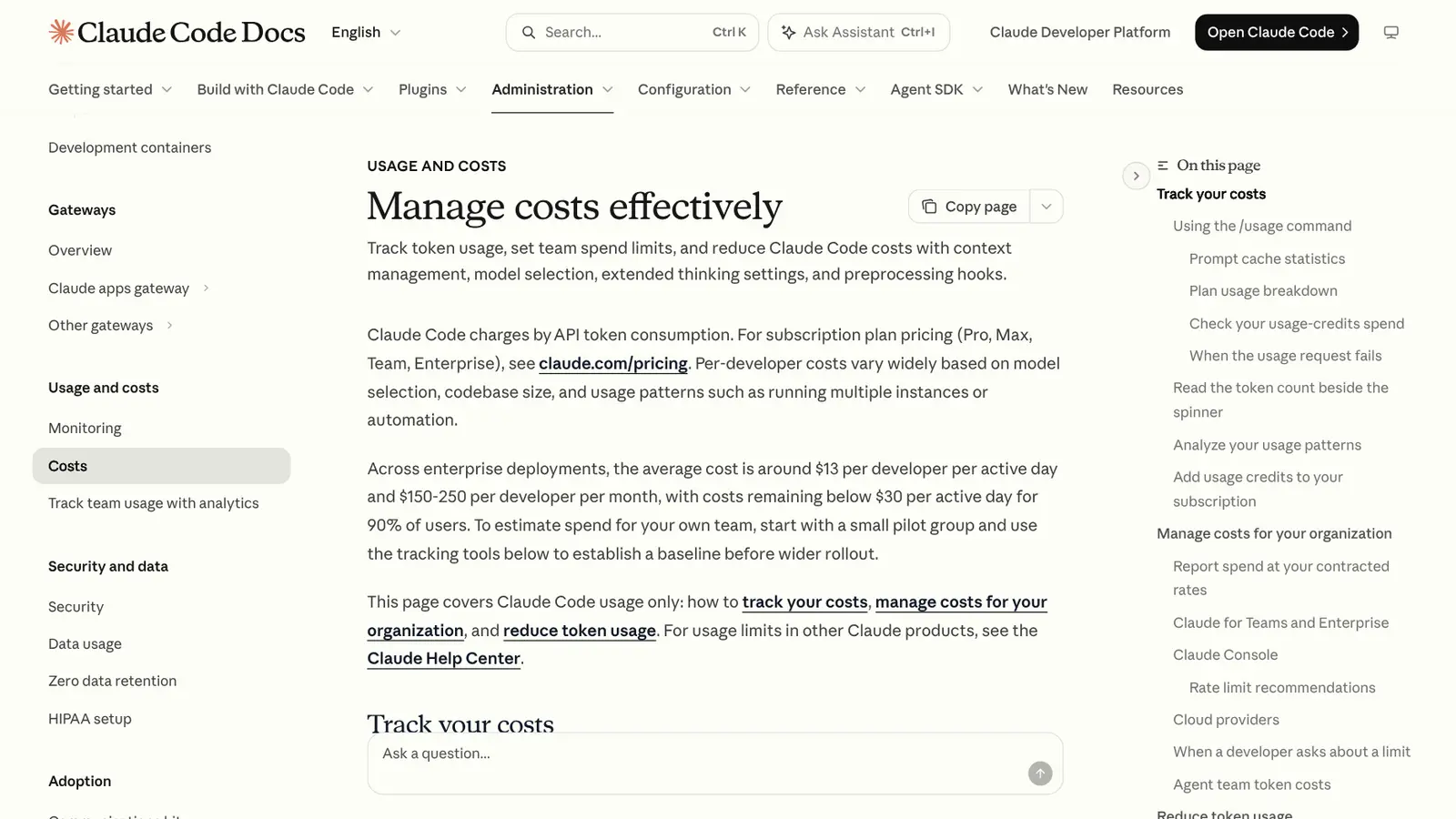 Página "Manage costs effectively" da documentação do Claude Code, com a média de custo por desenvolvedor