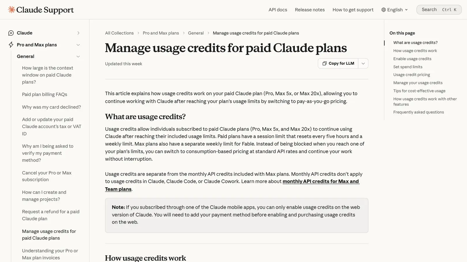 Página da central de ajuda do Claude sobre créditos de uso nos planos pagos