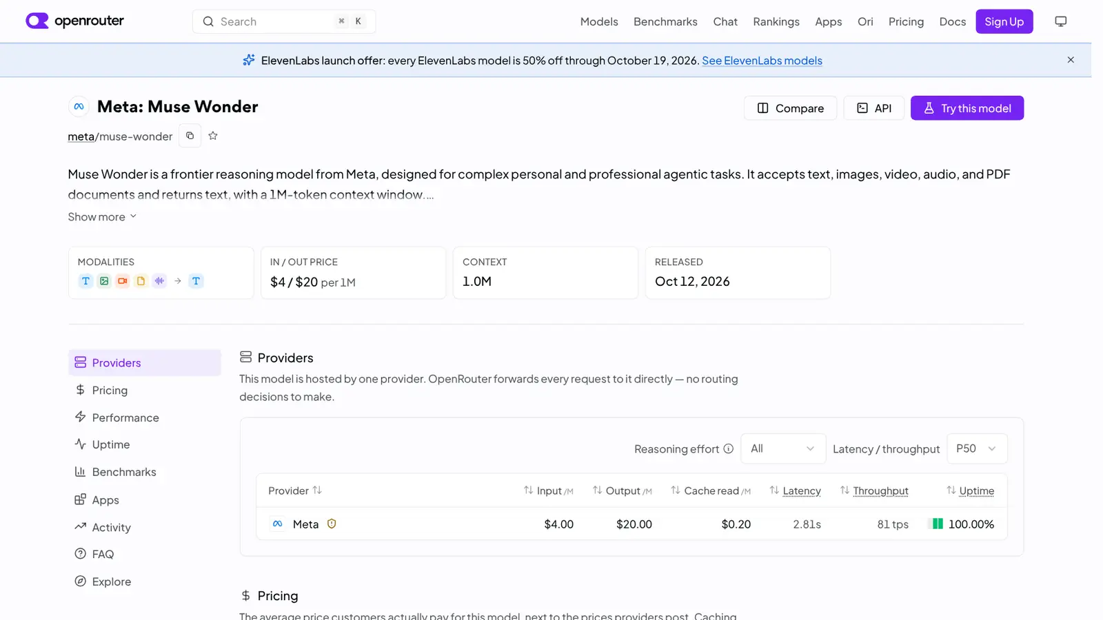 Página do Meta Muse Wonder no OpenRouter, com preço de US$ 4 por milhão de tokens na entrada e US$ 20 na saída, contexto de 1 milhão de tokens e lançamento em 12 de outubro de 2026