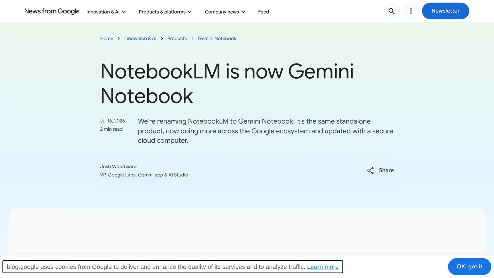 Página do blog do Google anunciando que o NotebookLM agora é Gemini Notebook