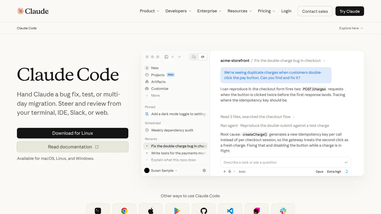 Página do produto Claude Code com a prévia do aplicativo
