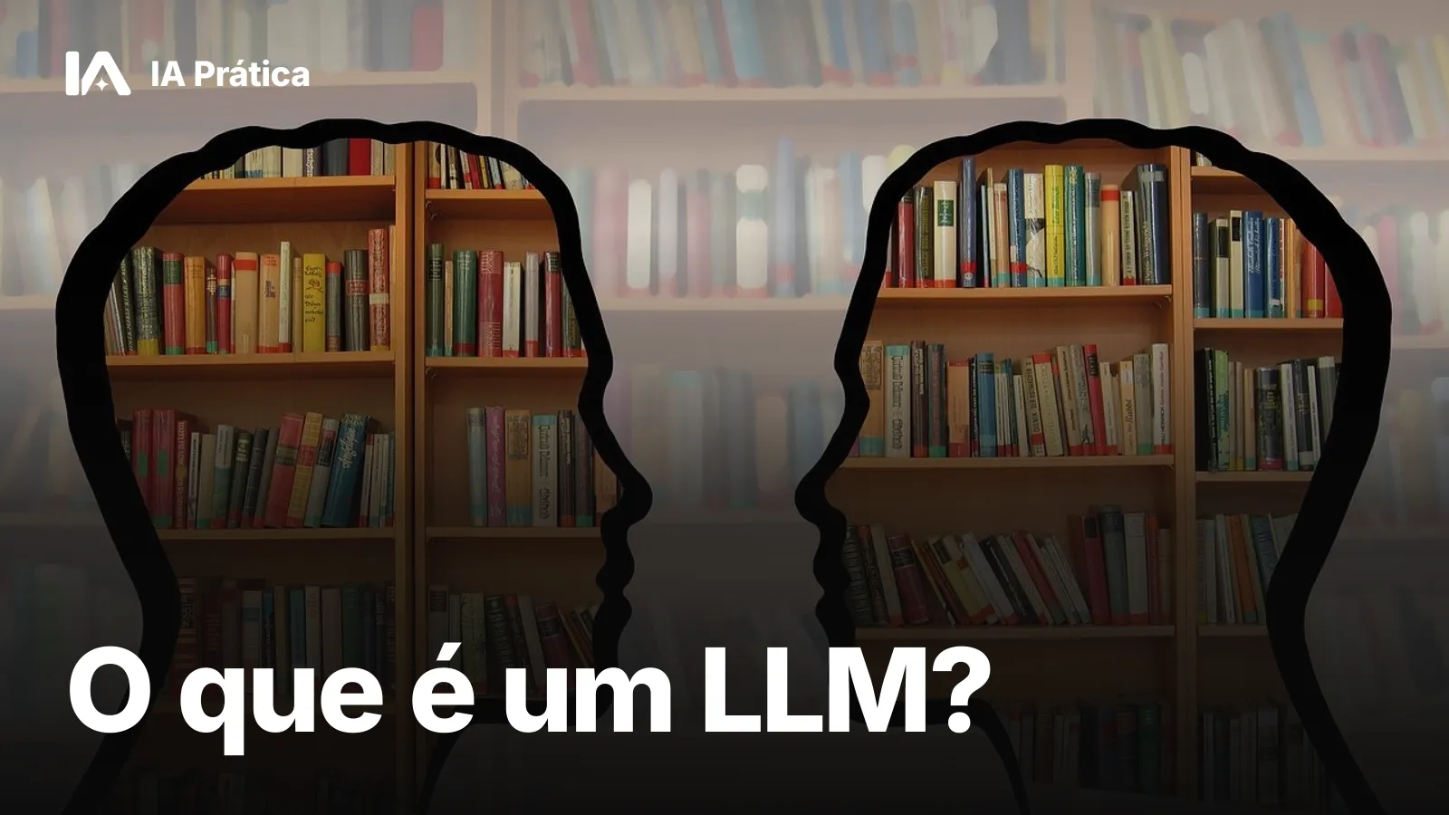Duas silhuetas de cabeças humanas preenchidas por estantes de livros, uma de frente para a outra