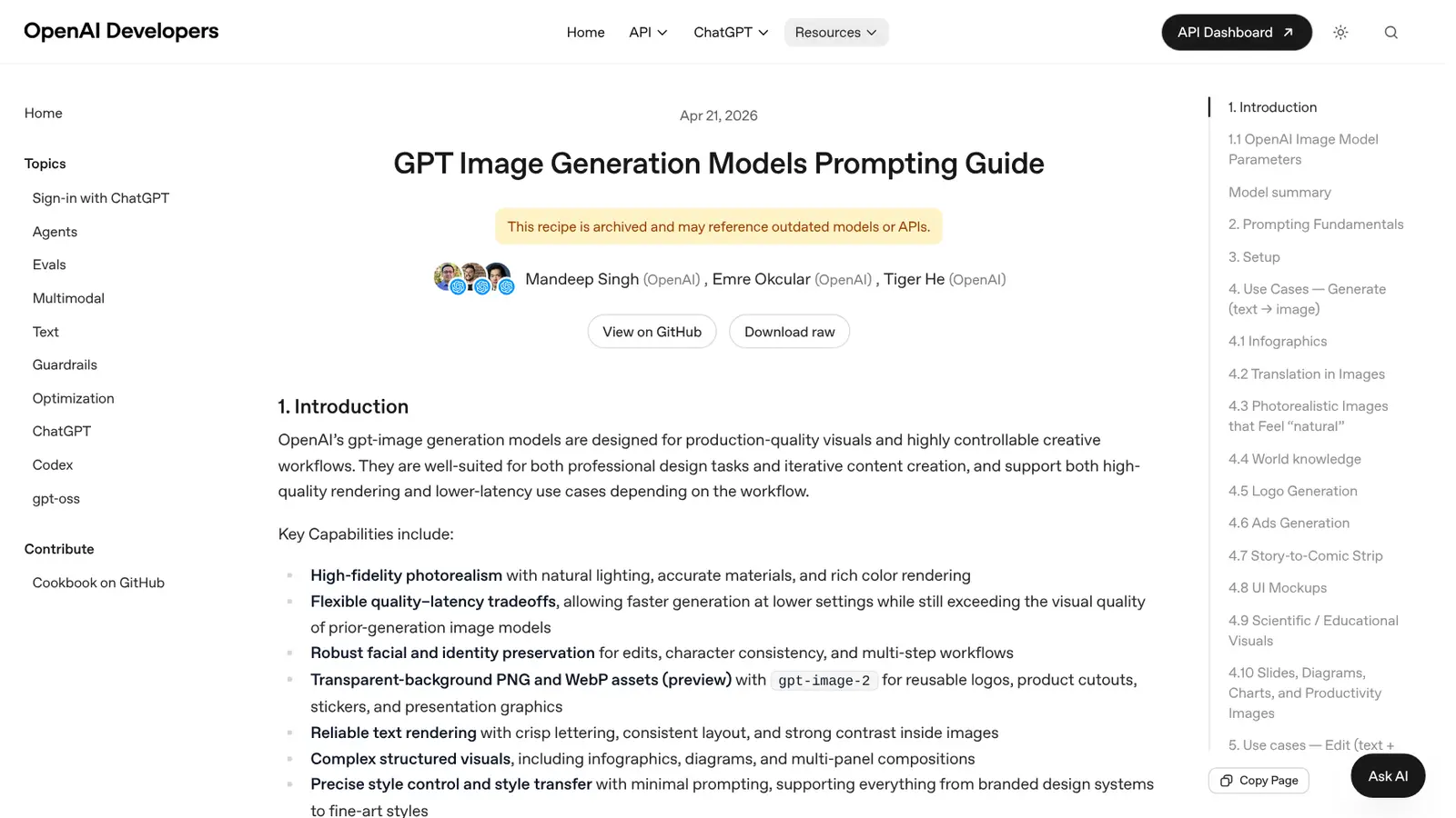 Guia oficial de prompts de imagem da OpenAI no Cookbook, com a lista de recursos dos modelos GPT Image