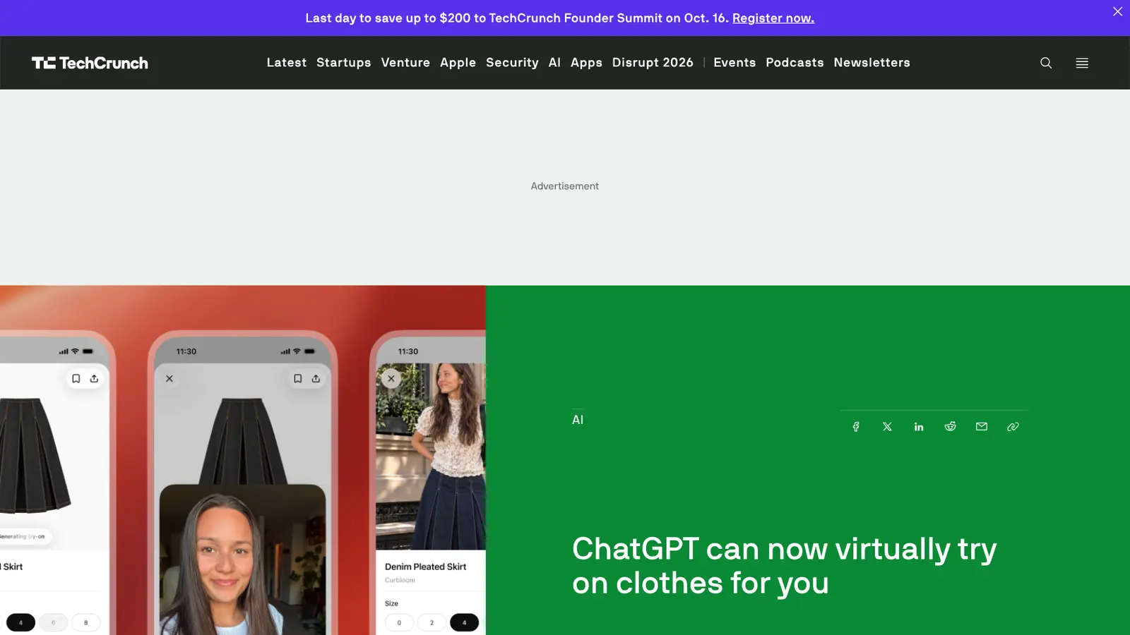 Reportagem do TechCrunch sobre o provador virtual do ChatGPT, com telas do recurso no celular